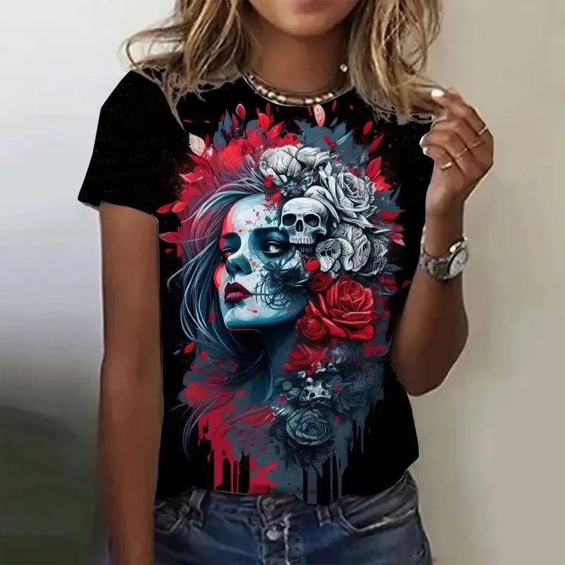 3D Printed Rose Skull T Shirt For Women Vintage Pattern Tees Summer Casual Harajuku O-Neck Tops Short Sleeves Oversized T-Shirts