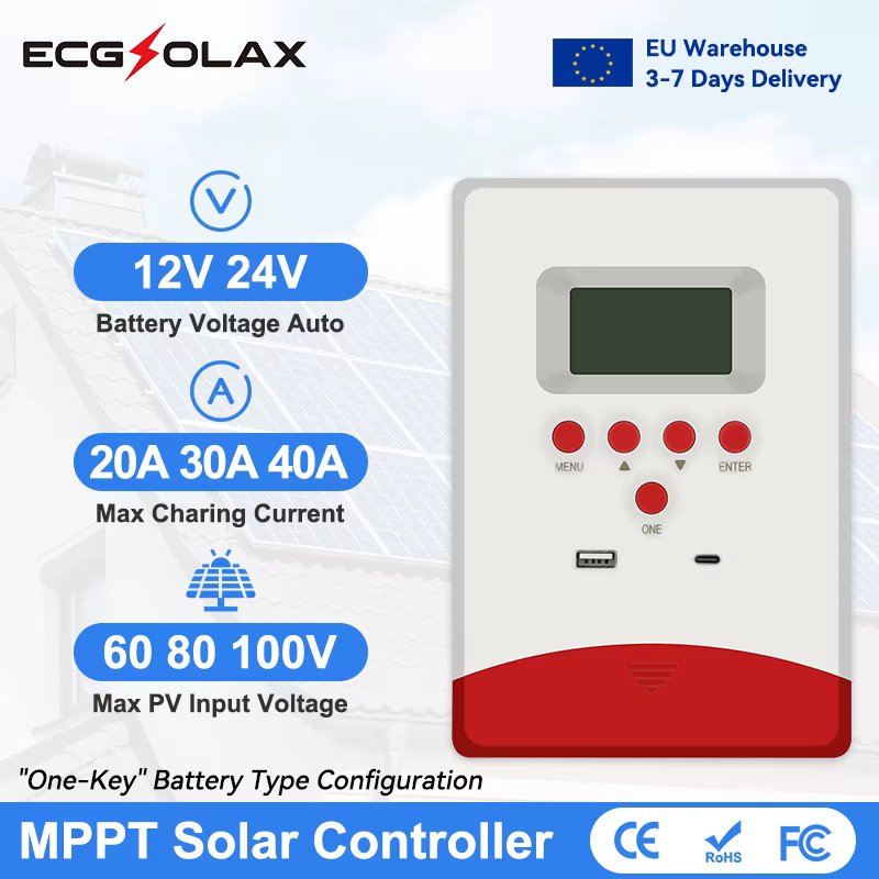 ECGSOLAX 20A 30A 40A MPPT Solar Charge Controller 12V 24V Solar Panel Regulator Charging Controller Max PV 100VDC LCD Display