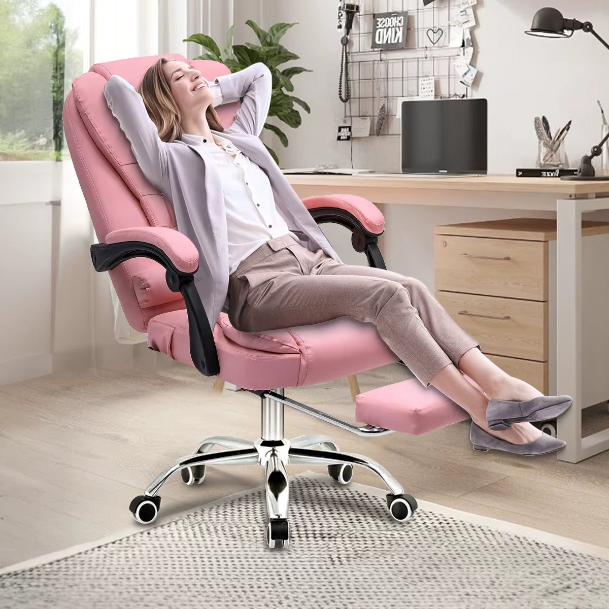 President Office Chair, Home Office Chair with Foot Support and Adjustable Backrest (Pink)