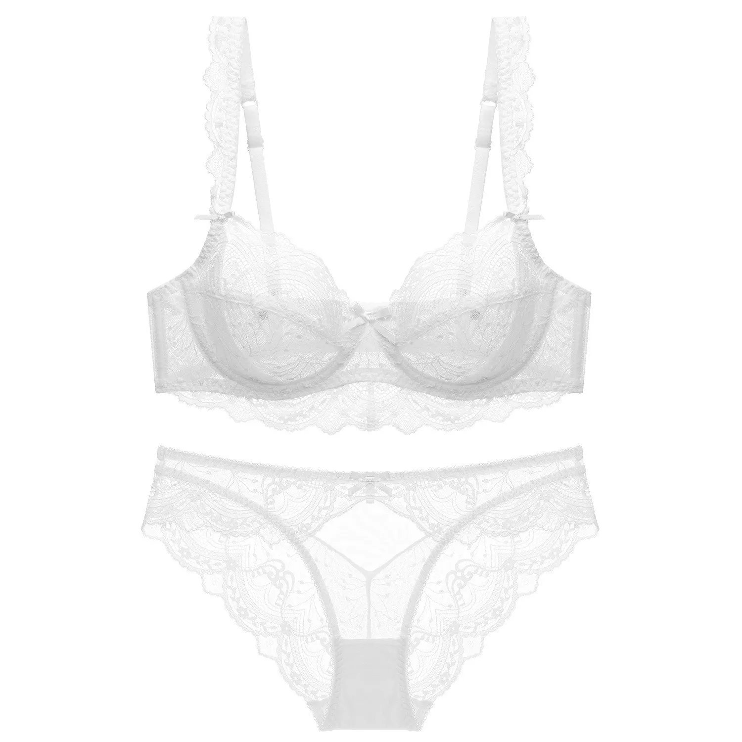 French Lace Lingerie Bra Set for Women Sponge Free Bra Top Sweet Thin Cotton 3/4 Cup Bra Set Female Transparent Bra & Brief Sets