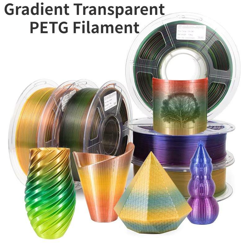 Gradient Transparent PETG 3D Printer Filament Dual Color Tri-Color Changing with Light Transmission Feature PETG Filament 1.75mm
