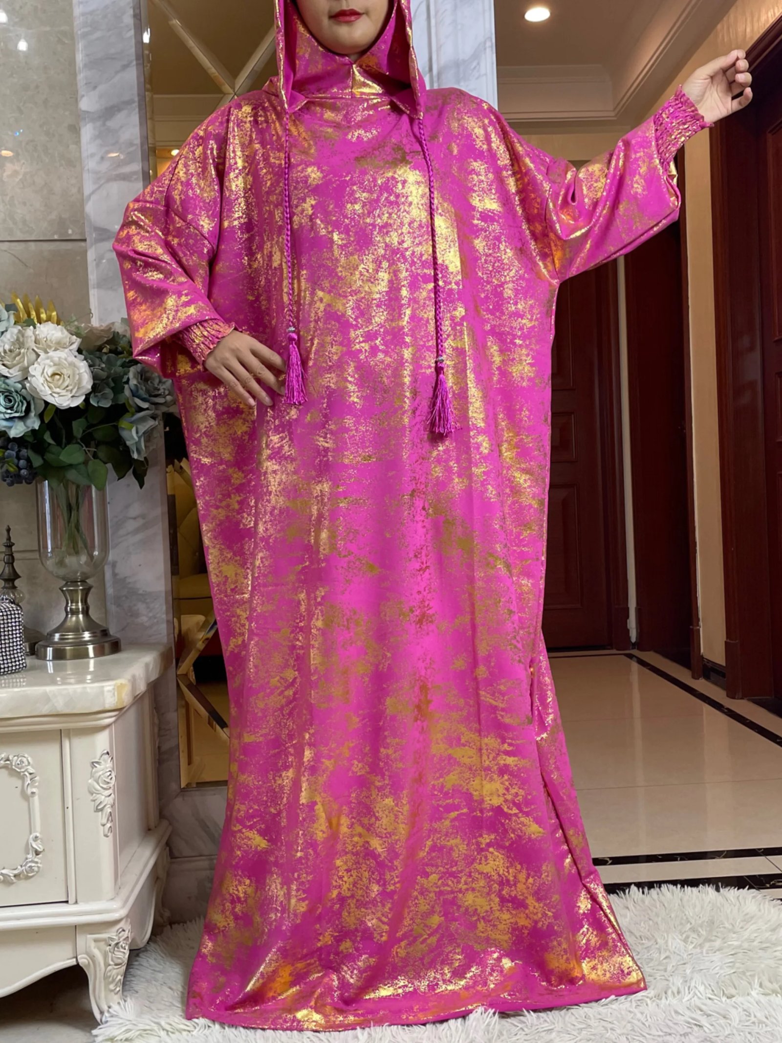 2025 New Cotton Ramadan Muslim Two-Hat Abaya Dubai Turkey Islam Prayer Clothes Gold Dust   Dress Islam Women Dress Kaftan