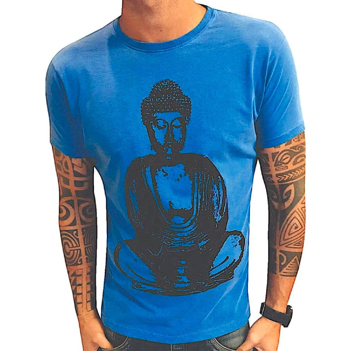 Men's T-shirt Dark Blue Stonada-With a Buddha-Print Religion from the East 100% Cotton