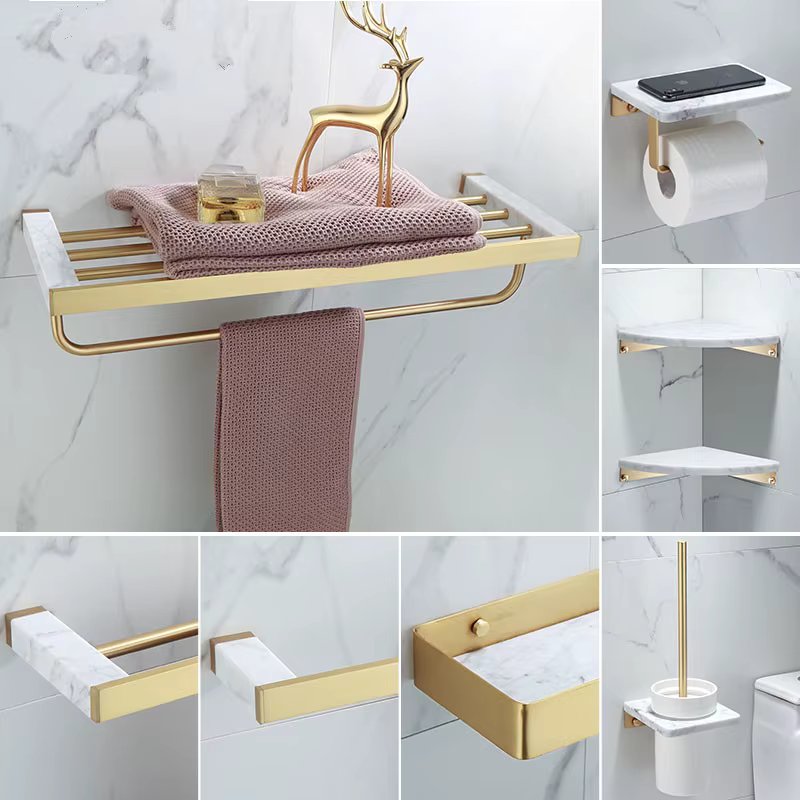 Bathroom Accessories Brushed Gold Bathroom Shelf,Towel Rack,Towel Hanger Paper holder,Toilet Brush Holder Marble and Brass