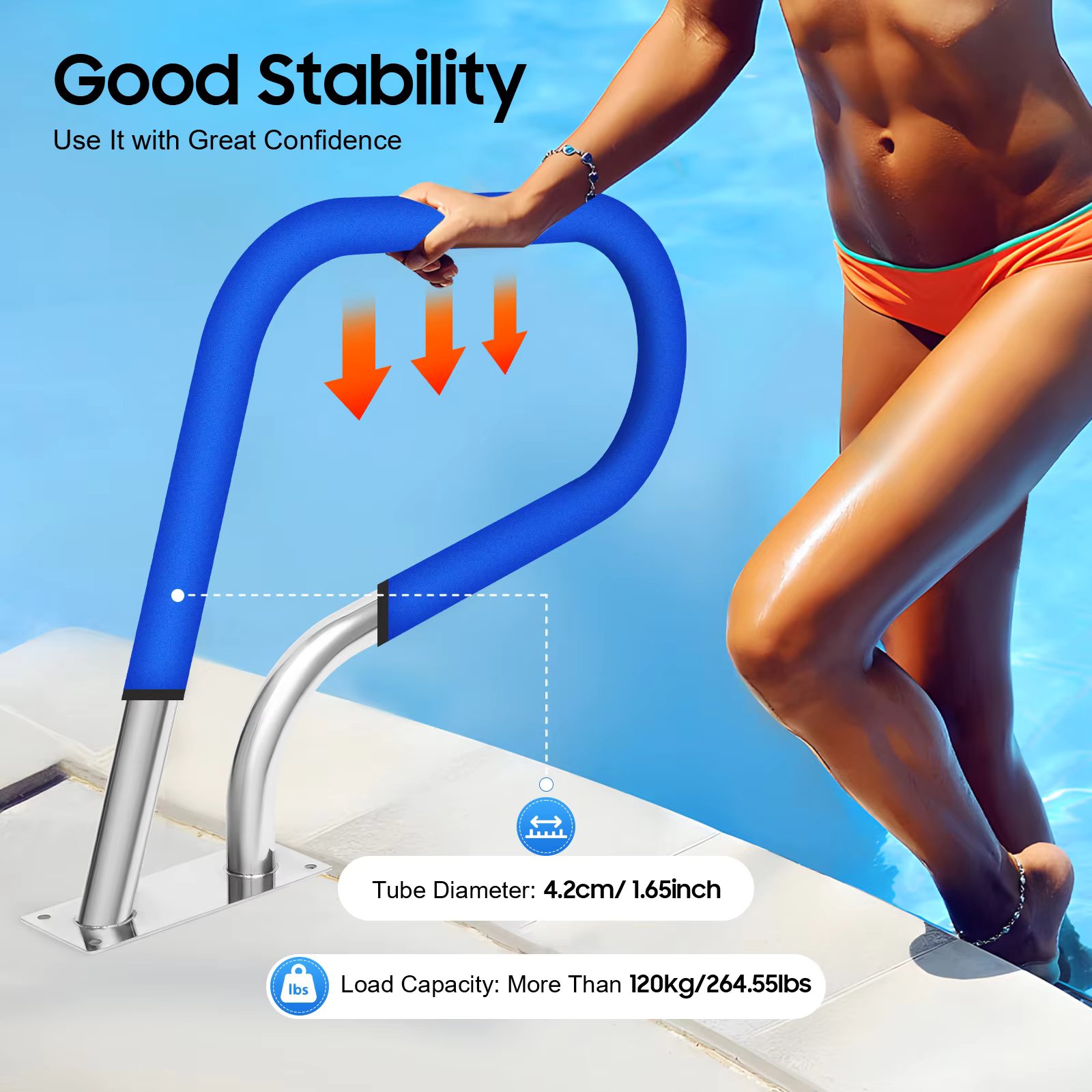 Stainless Steel Pool Grab Bar with 120kg Load Capacity Pool Handrail with Blue Cover Ideal for Swimming Pools Spas Water Parks