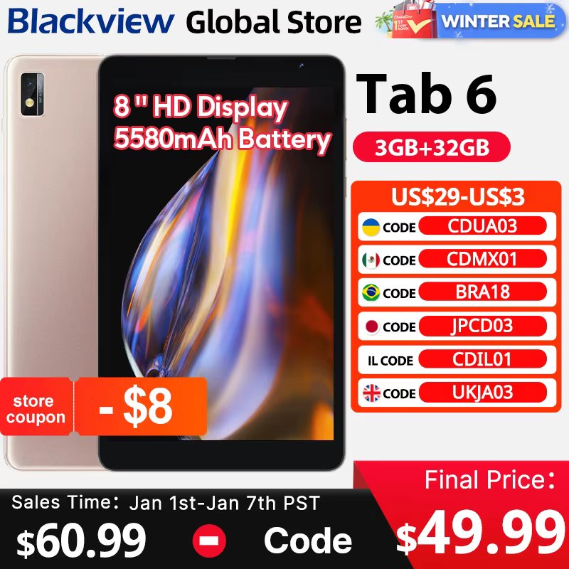Blackview Tab 6  Tablet  8'' HD Display Unisoc T310  3GB 32GB 3G 3.5mm jack 5580mAh Battery WiFi 5MP Camera Android 11 Pad PC