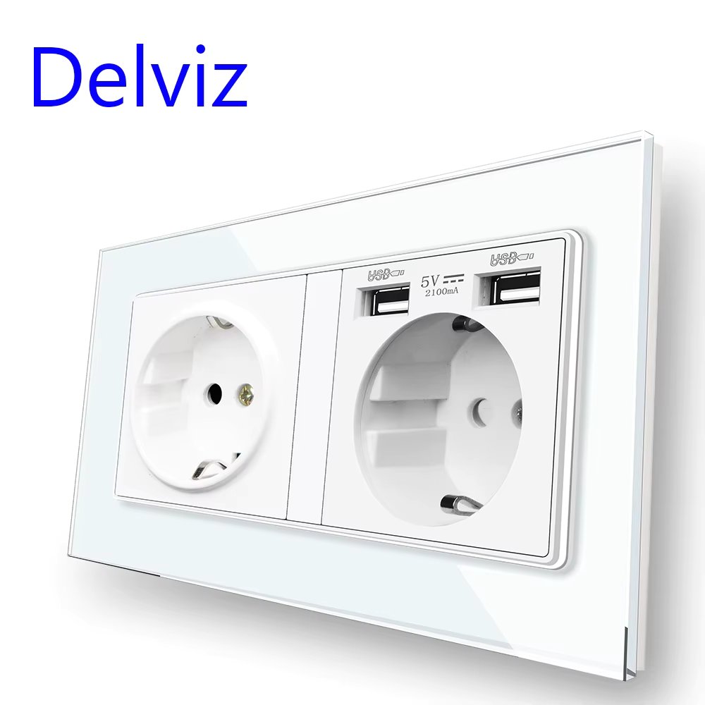 Delviz Tempered Glass Socket, EU Standard Socket,146mm x 86mm Crystal Panel,2A Dual USB charging Port, 16A Power Wall USB Socket