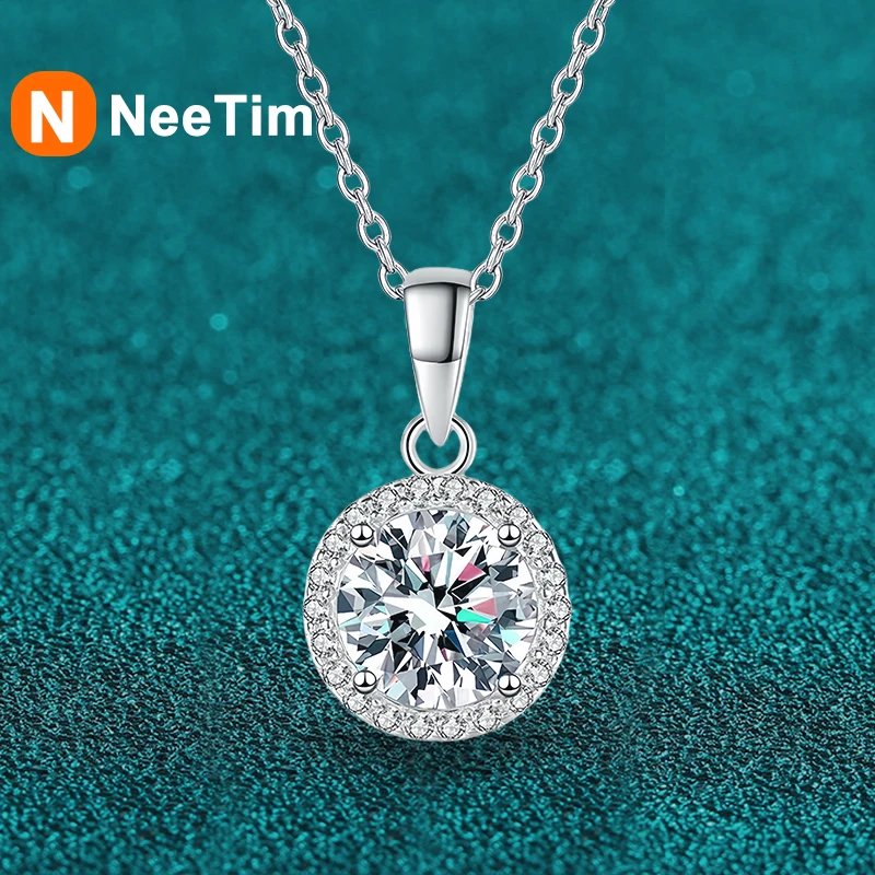 NeeTim 1 Carat Real Moissanite Pendant For Women Lab Diamond Necklace 925 Sterling Silver Fine Jewelry Girl Valentine's Day Gift