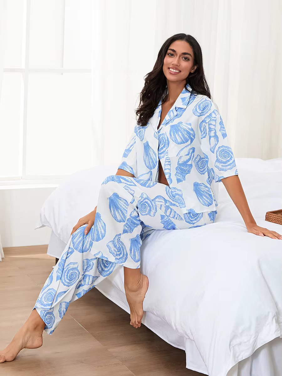 Women s Pajama Set Tropical Leaf Print Short Sleeve Button Down Tops Elastic Waist Pants 2 Piece Lounge Outfit