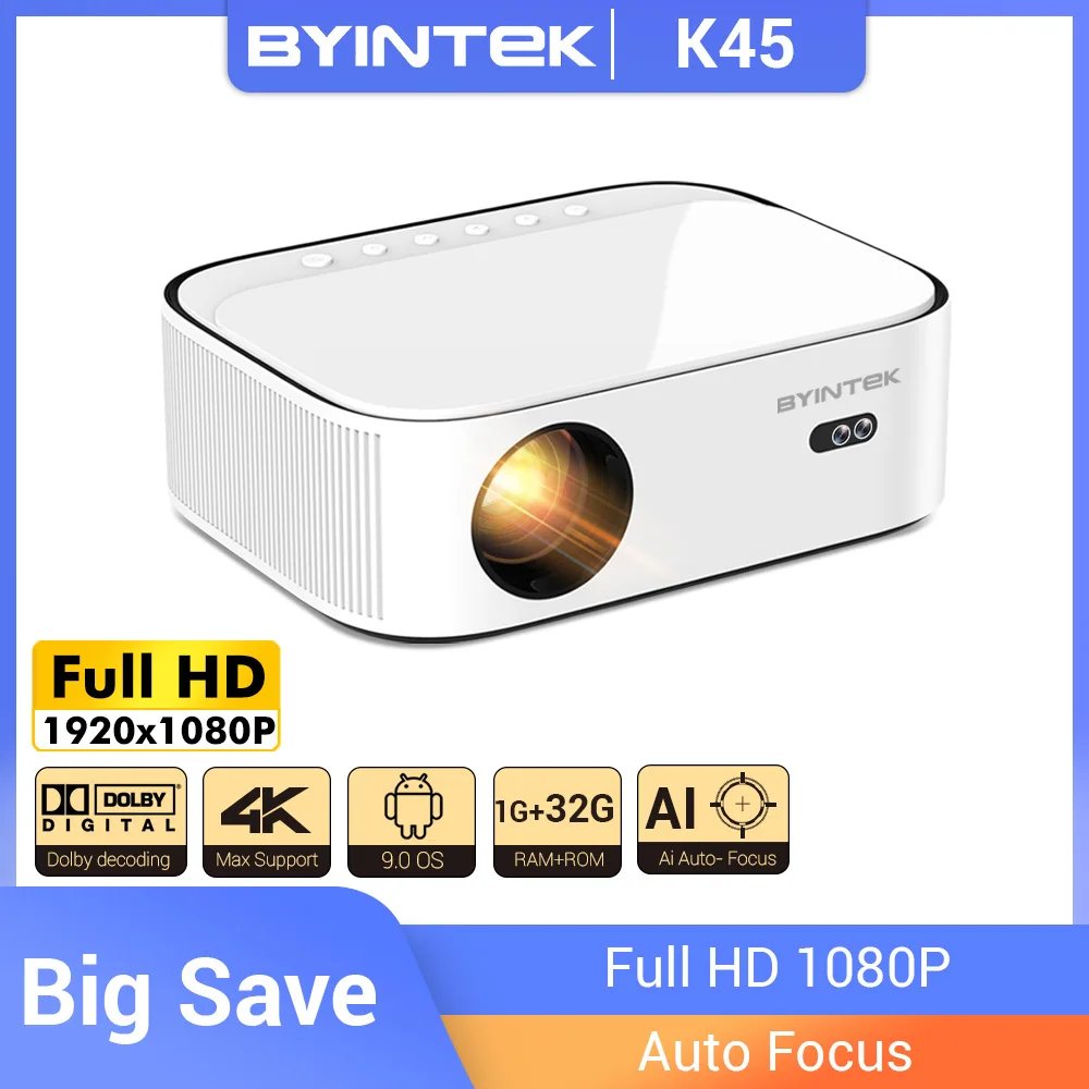 BYINTEK K45 AI Auto-focus Smart Android WIFI Full HD 1920x1080 LCD LED Video Home Theater 1080P 4K Projector