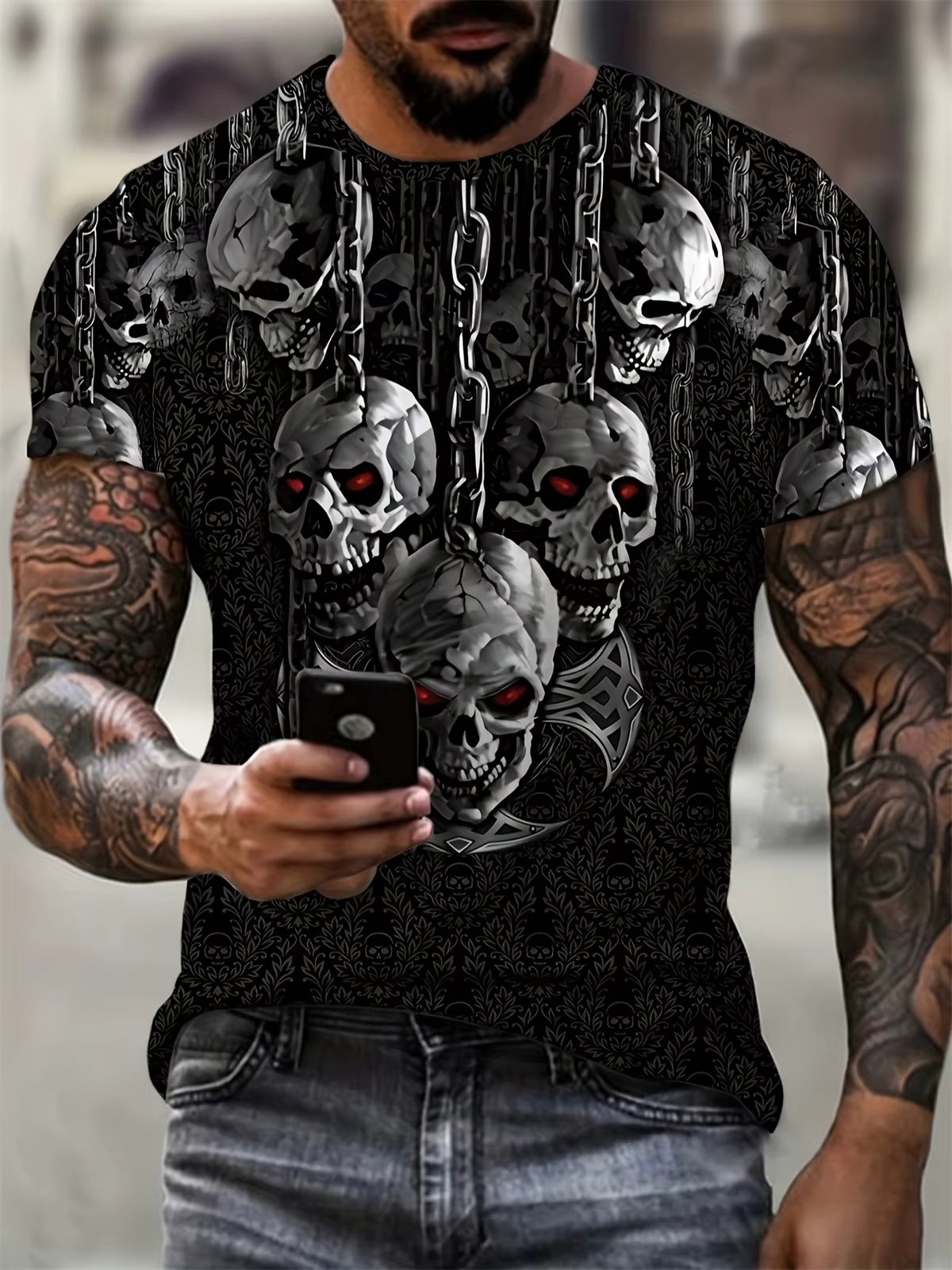 Men's T-Shirt Novelty Skull Head 3D Print Short Sleeve Tee Tops Punk Style Crew Neck T-Shirt Summer Outdoor Oversized Clothing ﻿