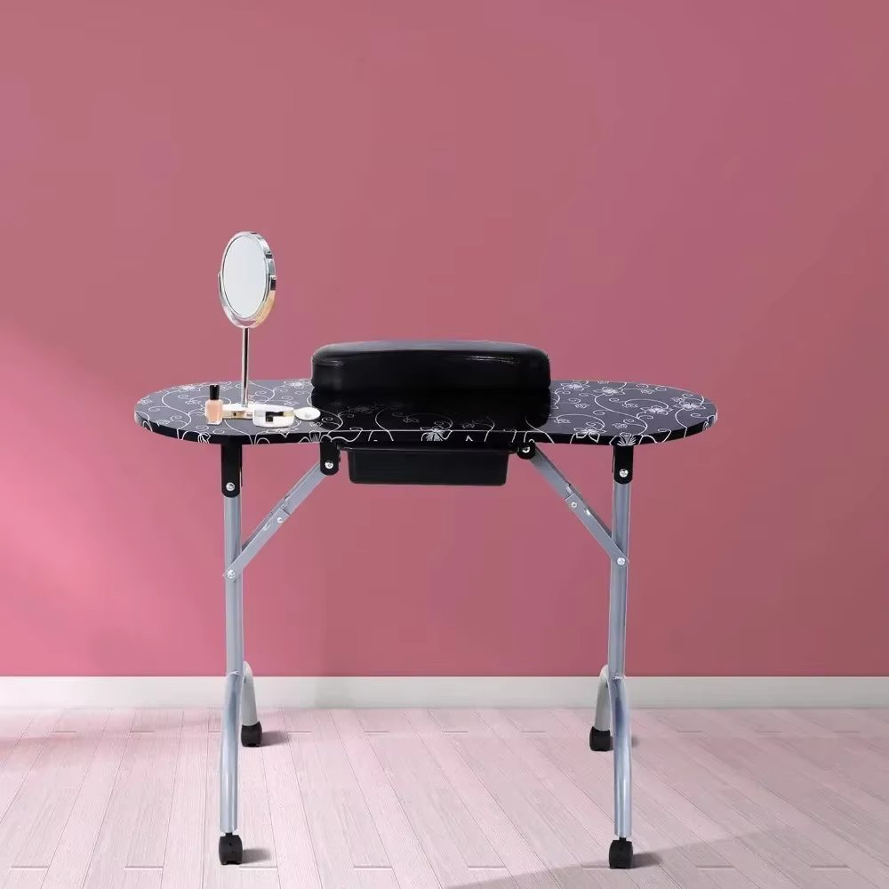 30" H Manicure Nail Table, Portable & Foldable Nail Desk Workstation with Large Drawer/Client Wrist Pad/Lockable Rolling Wheels