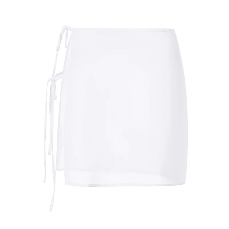 Women s Lace-Up Mini Skirt Sexy High Waist Solid Color Mesh Skirt for Summer Beach Party Black White Sizes S-XL