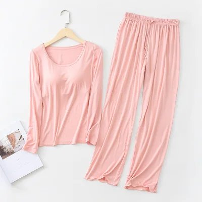 New Women's Autumn Winter Pajamas Sets Chest Pad Long Sleeve Sleepwear Ladies Pijama Long Pant Cotton Two Piece Pyjamas Women