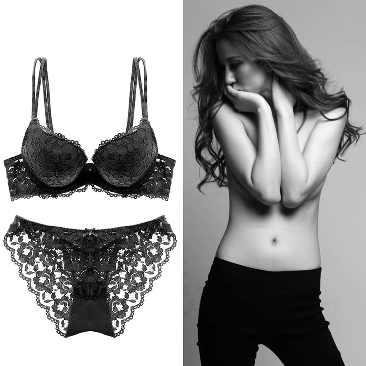 Sutiã de Bojo Com Conjunto Renda Conjunto De Lingerie Calcinha e Sutiã Kit 3 Conjunto (Preto/Roxo/Vermelho）