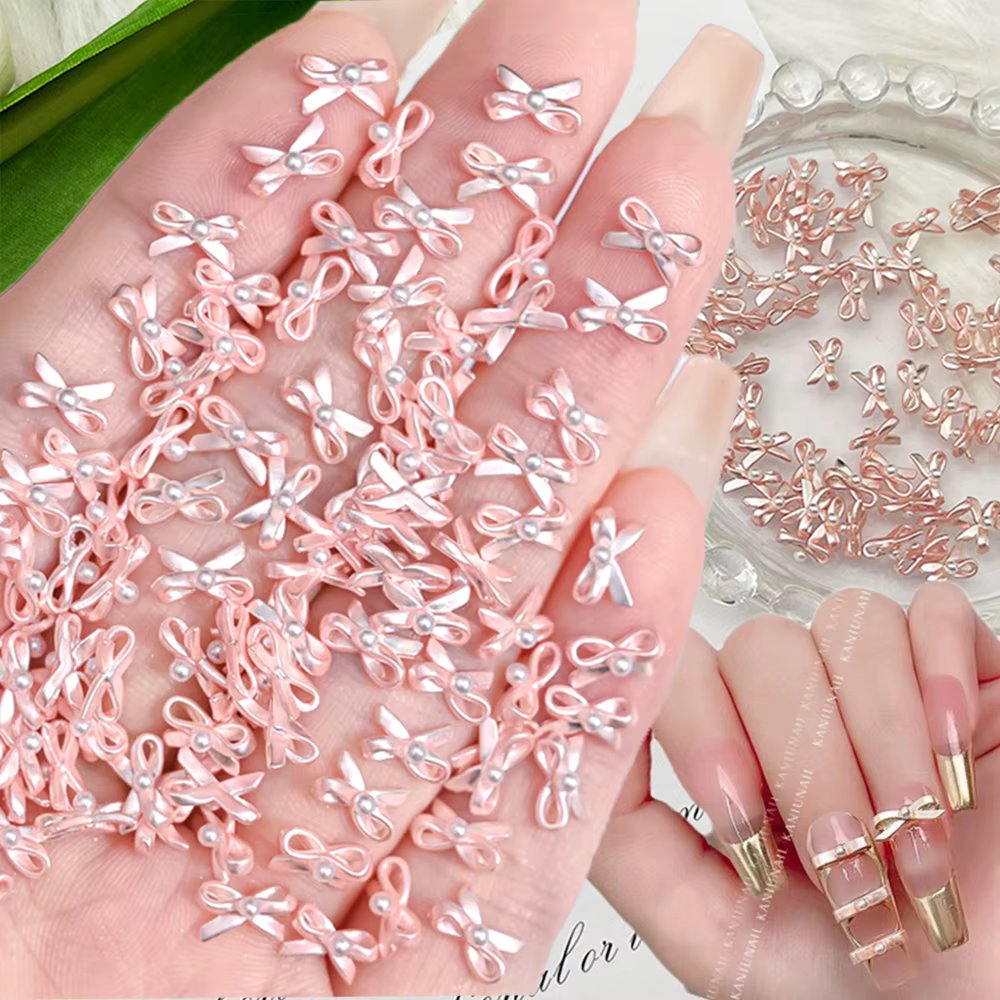 10pcs Kawaii Pink Ballet Dance Shoes Alloy Nail Charms Pearl 3D Silk Ribbon Bowknot Jewelry Decal French DIY Nail Art Decoration