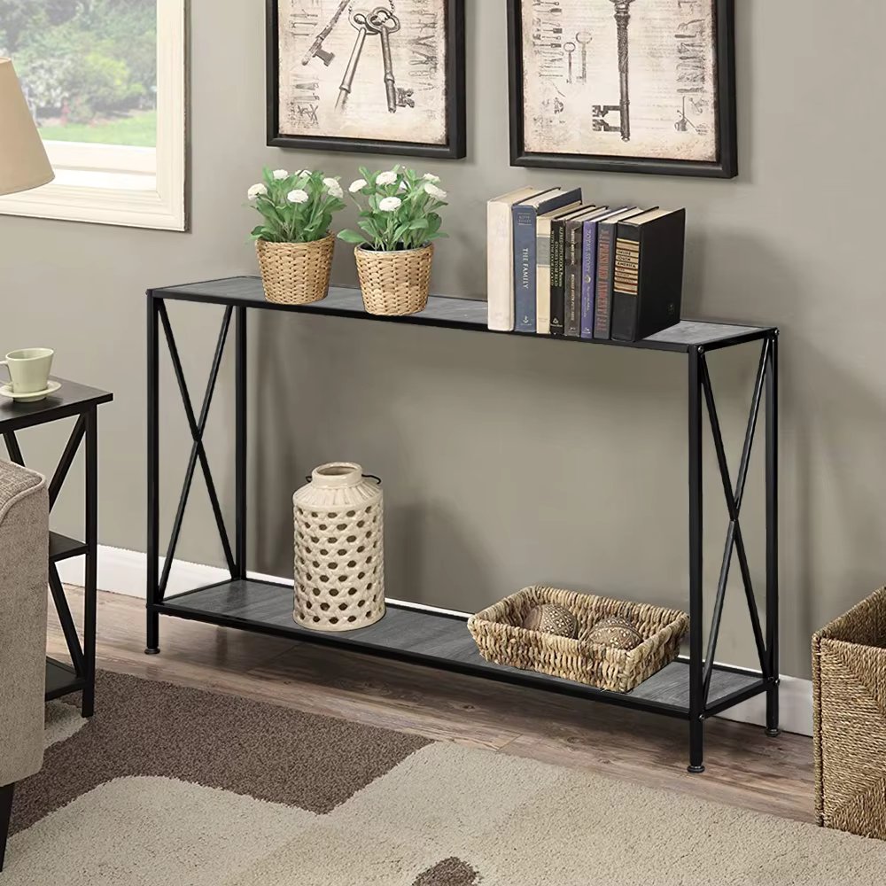 Artisasset Grey MDF Countertop Black Wrought Iron Base 2 Layers Forked Console Table