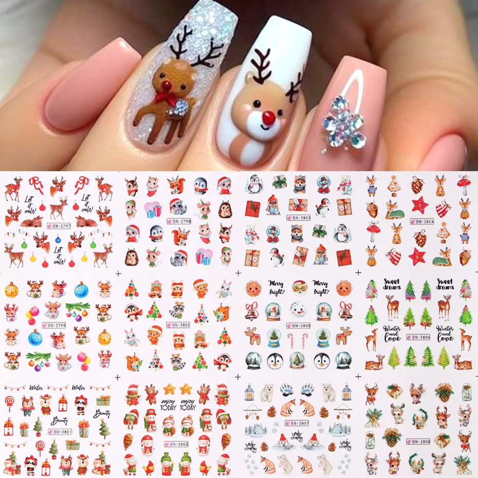 12pcs Cartoon Christmas Nail Stickers Cute Deer Penguin Snowman Designs New Year Santa Slider Foils Water Transfer Decals Decor