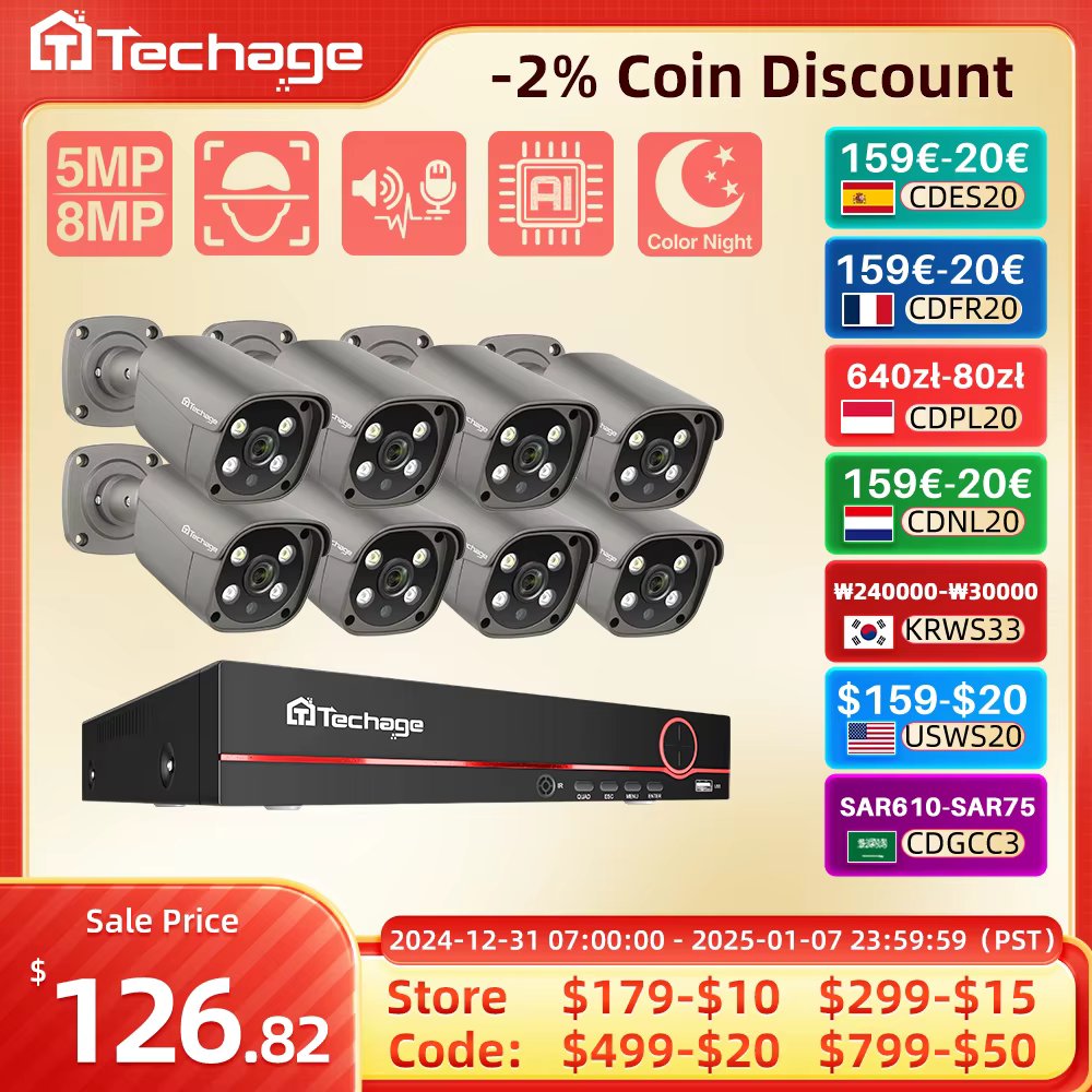 Techage 8CH 8MP 5MP 4K POE Camera System Two Way Audio Colorful Night Smart AI Face Detection CCTV Video Surveillance Clearance