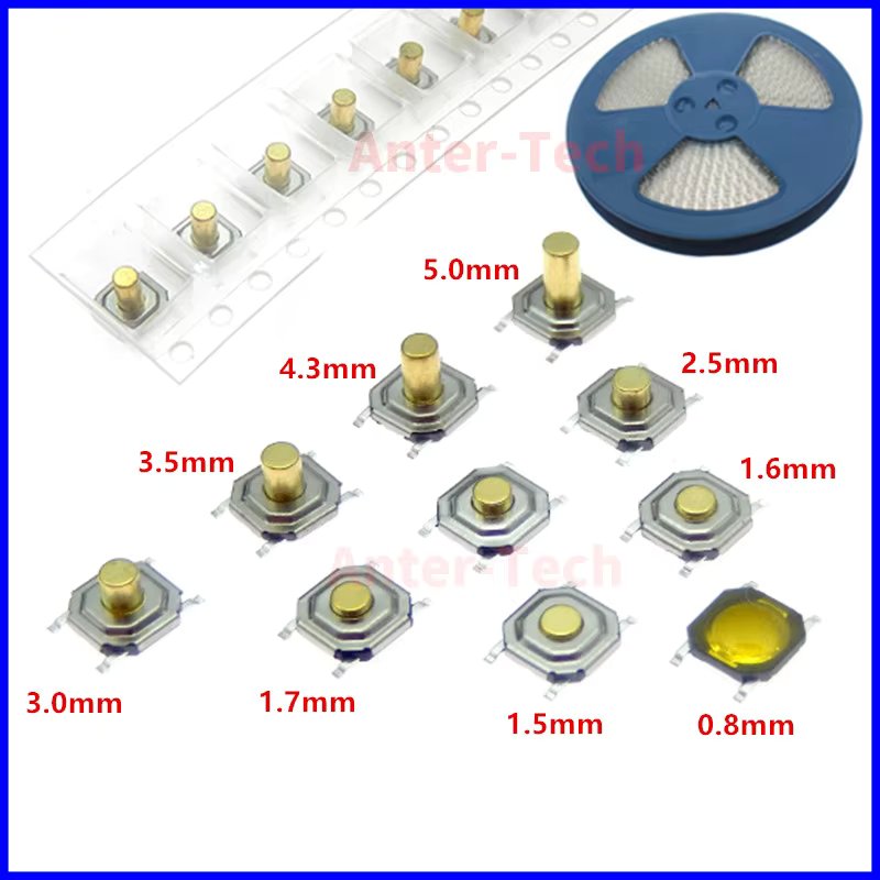 50PCS 5.2*5.2 High 1.5-6.0 touch tact switch 4 PIN Metal SMD Tactile 12V Micro Push Button Switch copper feet