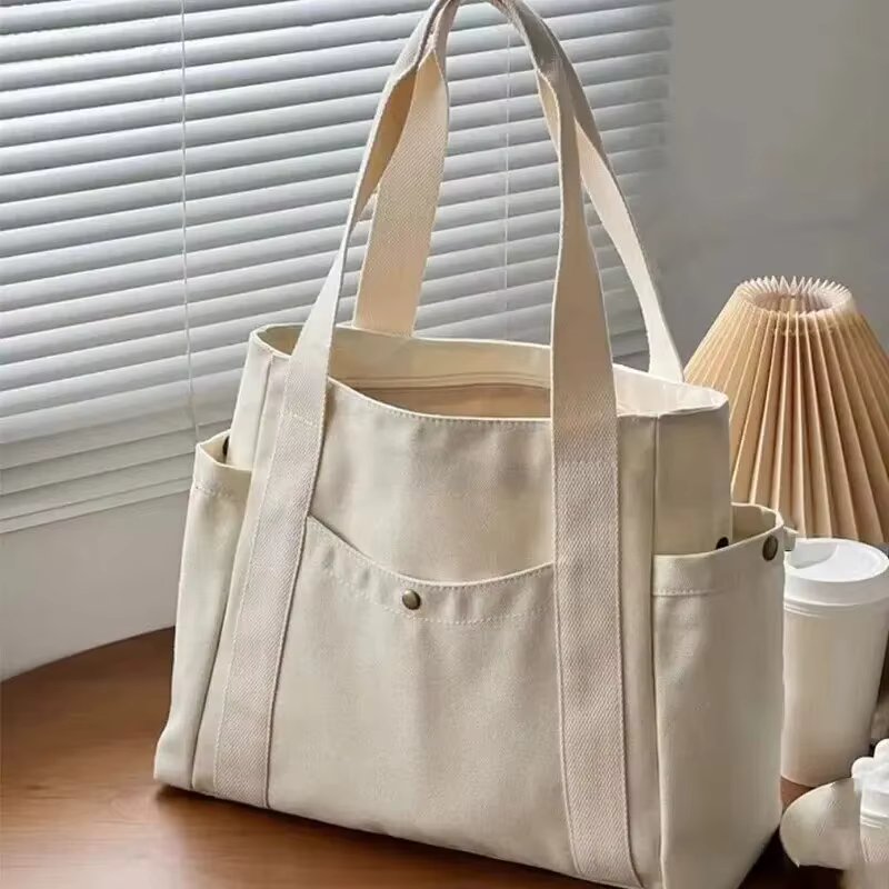 Canvas Women's Bag Large Capacity Multiple Outer Pocket Zipper Shoulder Bag Student Handbag Shopping