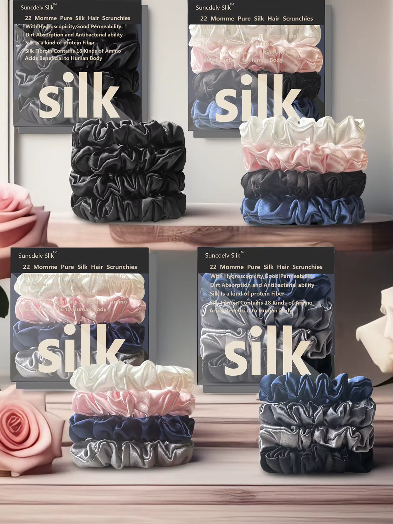 4PCS 100% Pure Mulberry Silk Hair Scrunchie Handmade Hairbands Women Hair Accessories Pure Color Natural HairTies Width 2CM