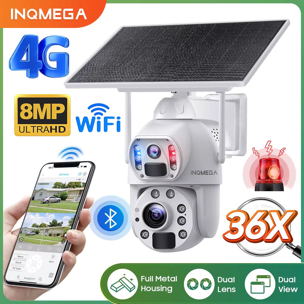 Solar Powered Camera 4G 4K 8MP Solar Outdoor Surveillance Camera 36X Extend Cable Bule and Red Alarm Light PIR Human Detection