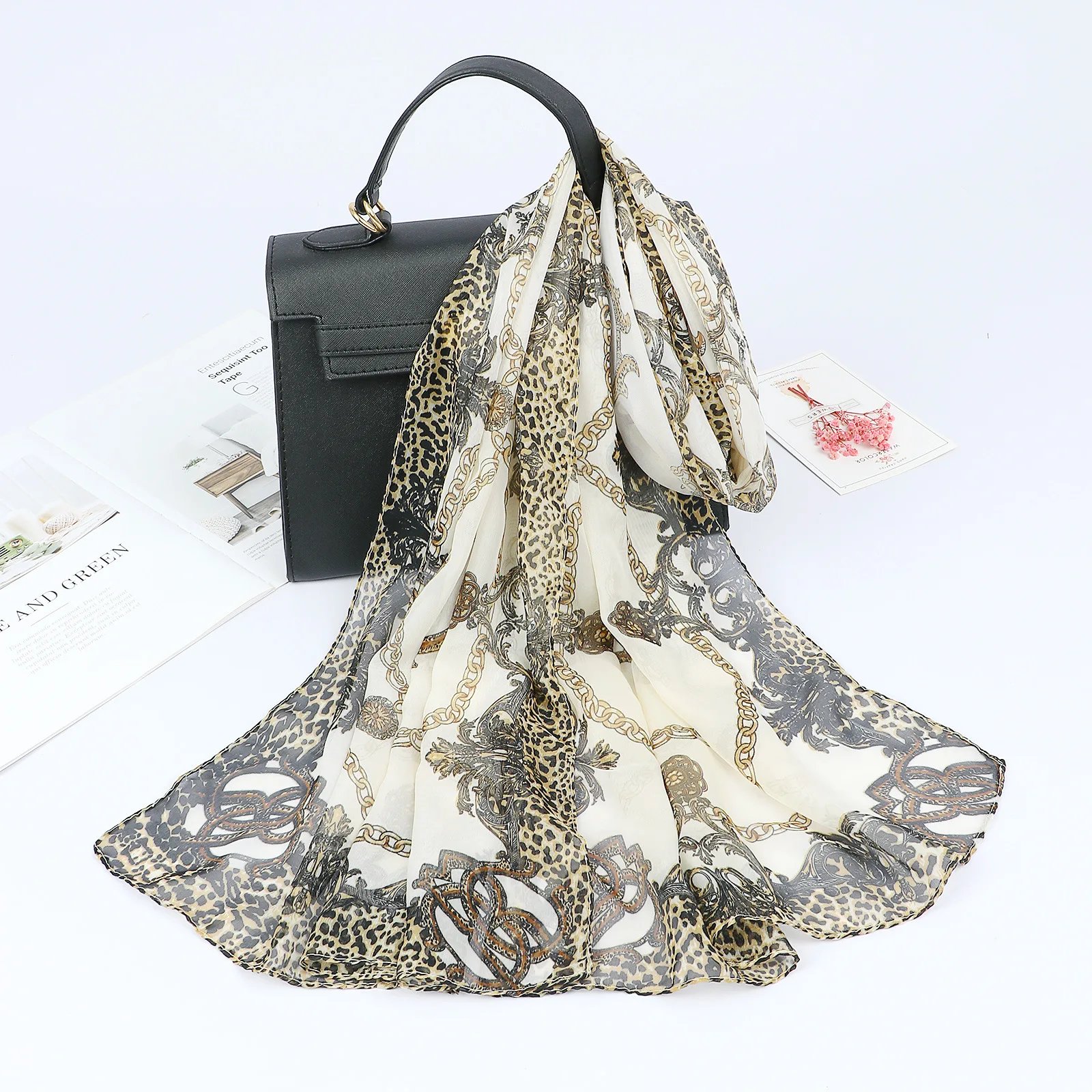 2024 New Fashion Summer Women Leopard Beach Scarf Chiffon Silk Shawls Headband Female Headband Wraps Sunscreen Hijab Wholesale