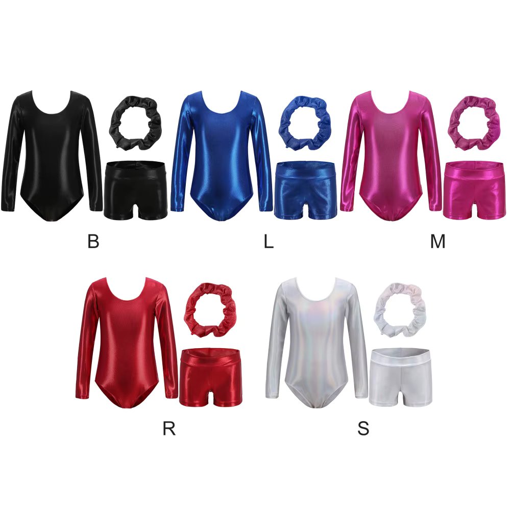 Leotards For Girls 3Pcs Ballet Dance Gymnastics Suit Long Sleeves Bodysuit With Shorts And Headband Stage Performance Dancewear