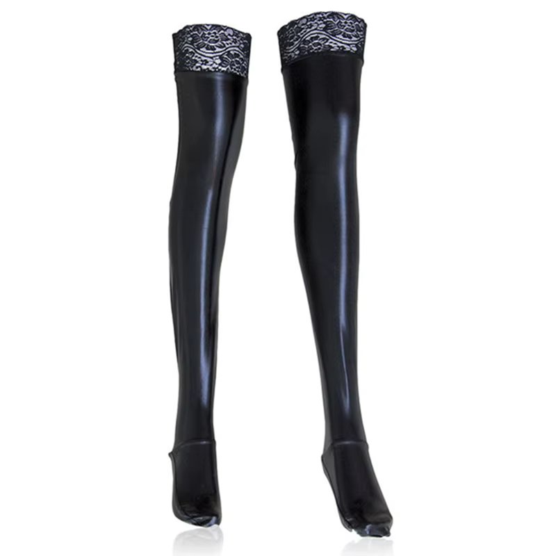 Plus Size Lace Top Silicone Stay Up Thigh High Stockings Gothic Punk PU Leather Pole Dance Clubwear Women Sexy Lingerie