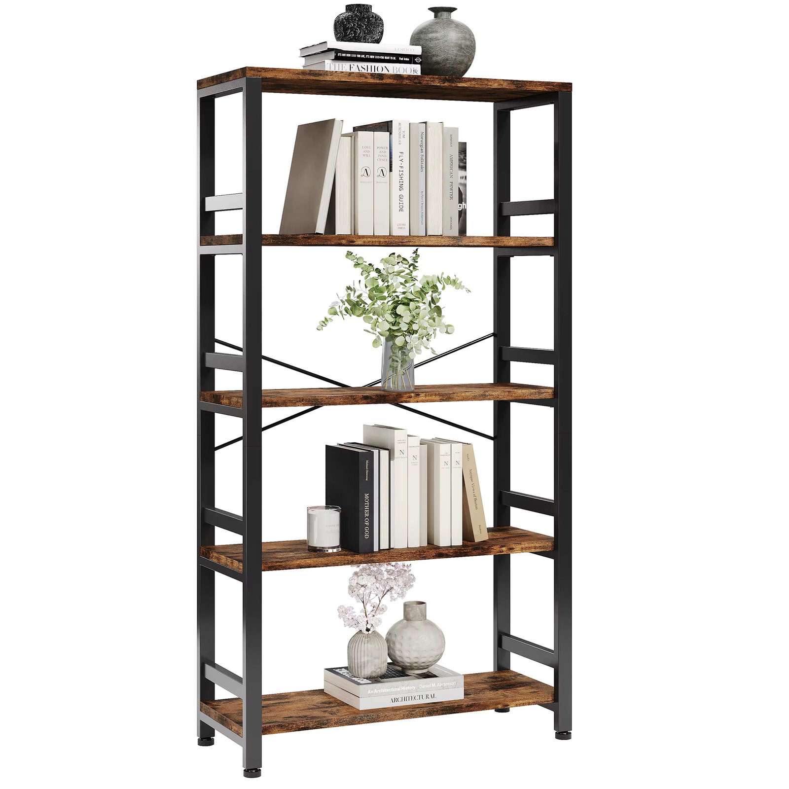 IRONCK Bookshelves and Bookcases,31.5in Wide Shelf 5-Tier Ladder Shelf 110lbs/shelf Vintage Industrial Style Bookcase