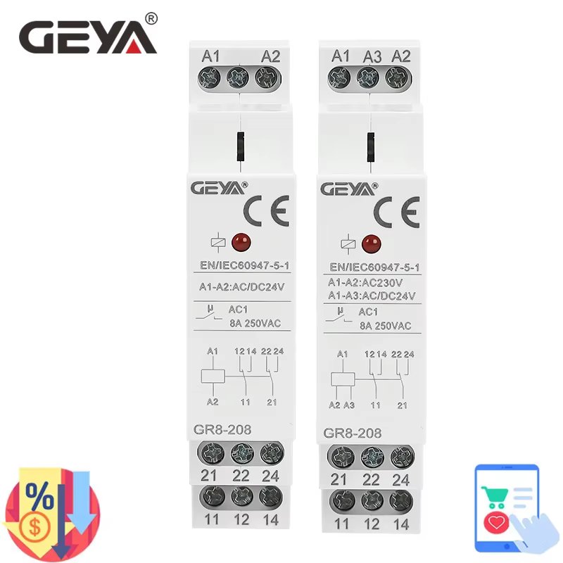 GEYA GR8-208 Auxiliary Relay Intermediate Switch 8A 2SPDT 12V 24V 48V 110V 220V RELAYS Din Rail Module