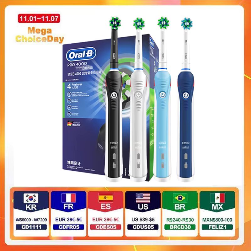 Oral B Electric Toothbrush Pro 4000 Sonic Clean Rechargeable Tooth Brush 4 Cleaning Modes Pressure Sensor Light Wateproof