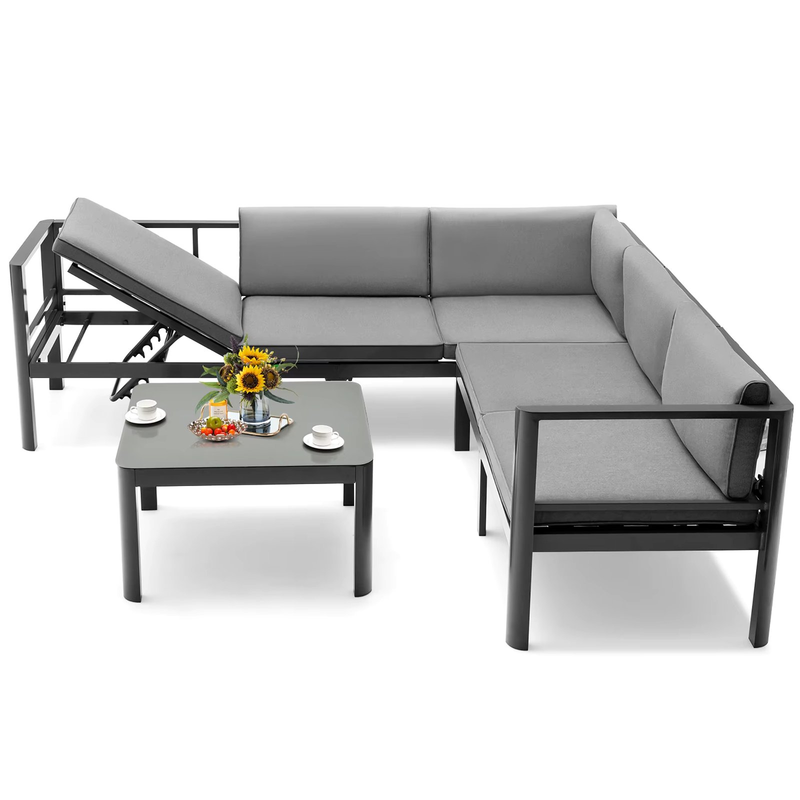 3PCS Patio Furniture Set Aluminum Lounge Adjust Back Recliner Sofa Table Cushion