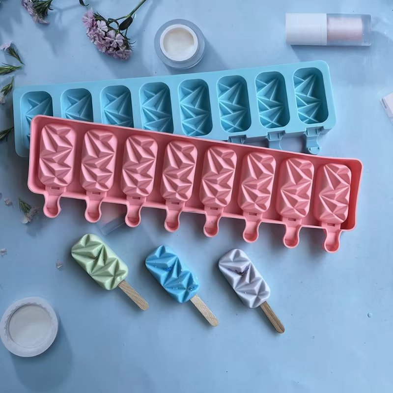 8 Hole Diamond Popsicle Silicone Mold Chocolate Candy Jelly Ice Cream Making Mould Cake Baking Set Ice Tray DIY Party Snack Gift
