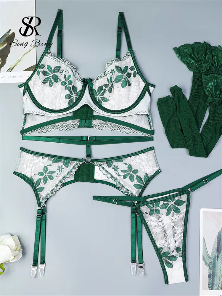 SINGREINY Women Shapewear Erotic Lingerie Suits 2024 Fashion Print Floral Nightwear Transparent Porno Lace Bra Brief Sets