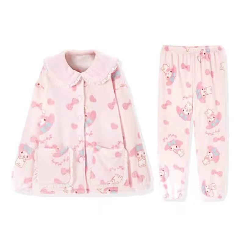 Sanrio My Melody Warm Sleepwear For Winter Y 2k Cute Anime Pink Pyjamas Set For Women Two-piece Set Loungewear Home Suit Female
