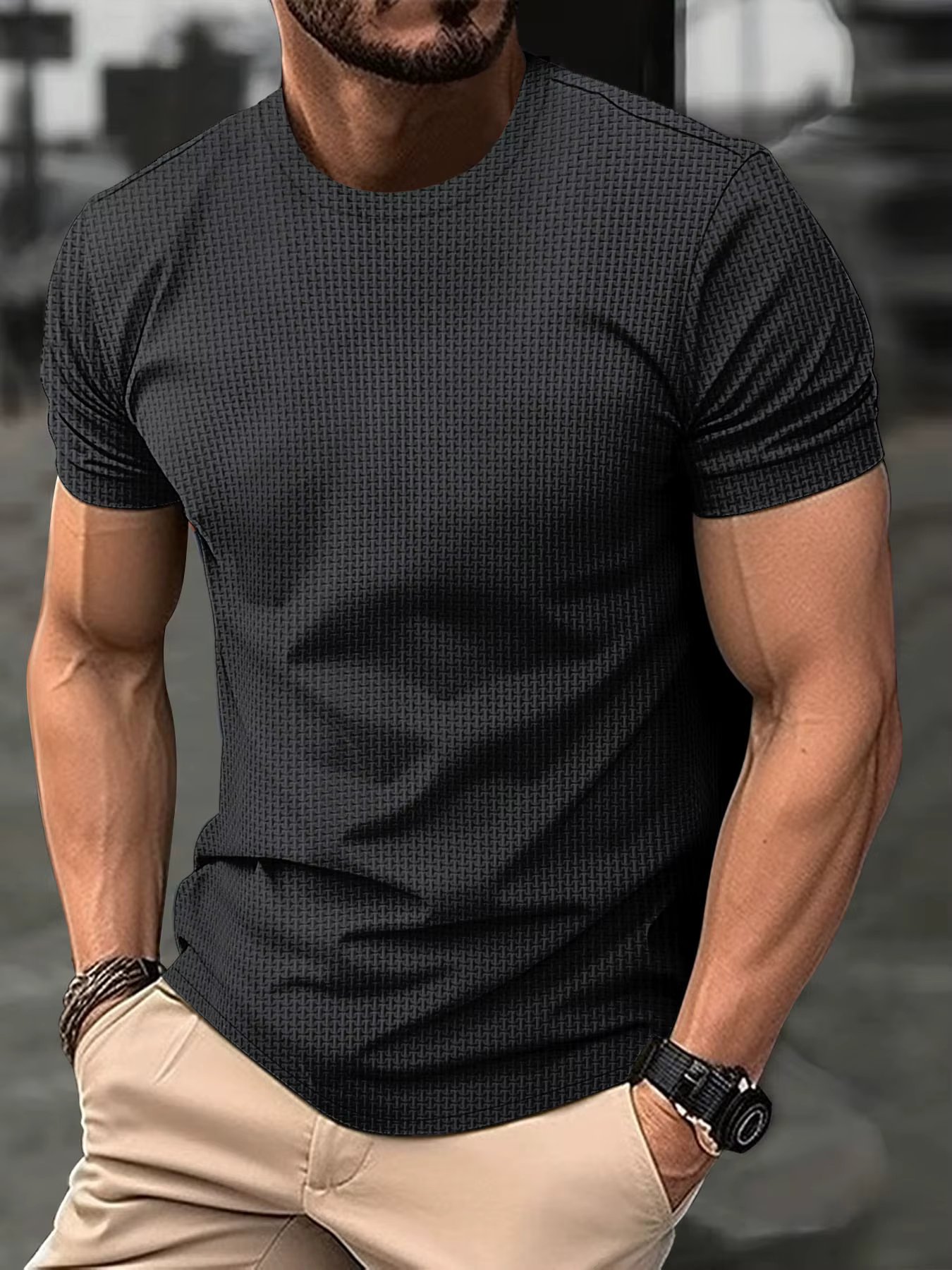 2024 New summer men's high-end mesh ice silk round neck short sleeve acrylic anti-wrinkle breathable high street POLO shirt