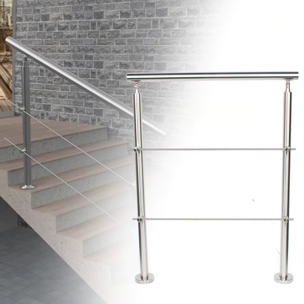 Stainless Stair Handrail for 3-Step Stair - Variable Angle Handrail - Outdoor Safety Grab Rail - with 2 Cross Bars
