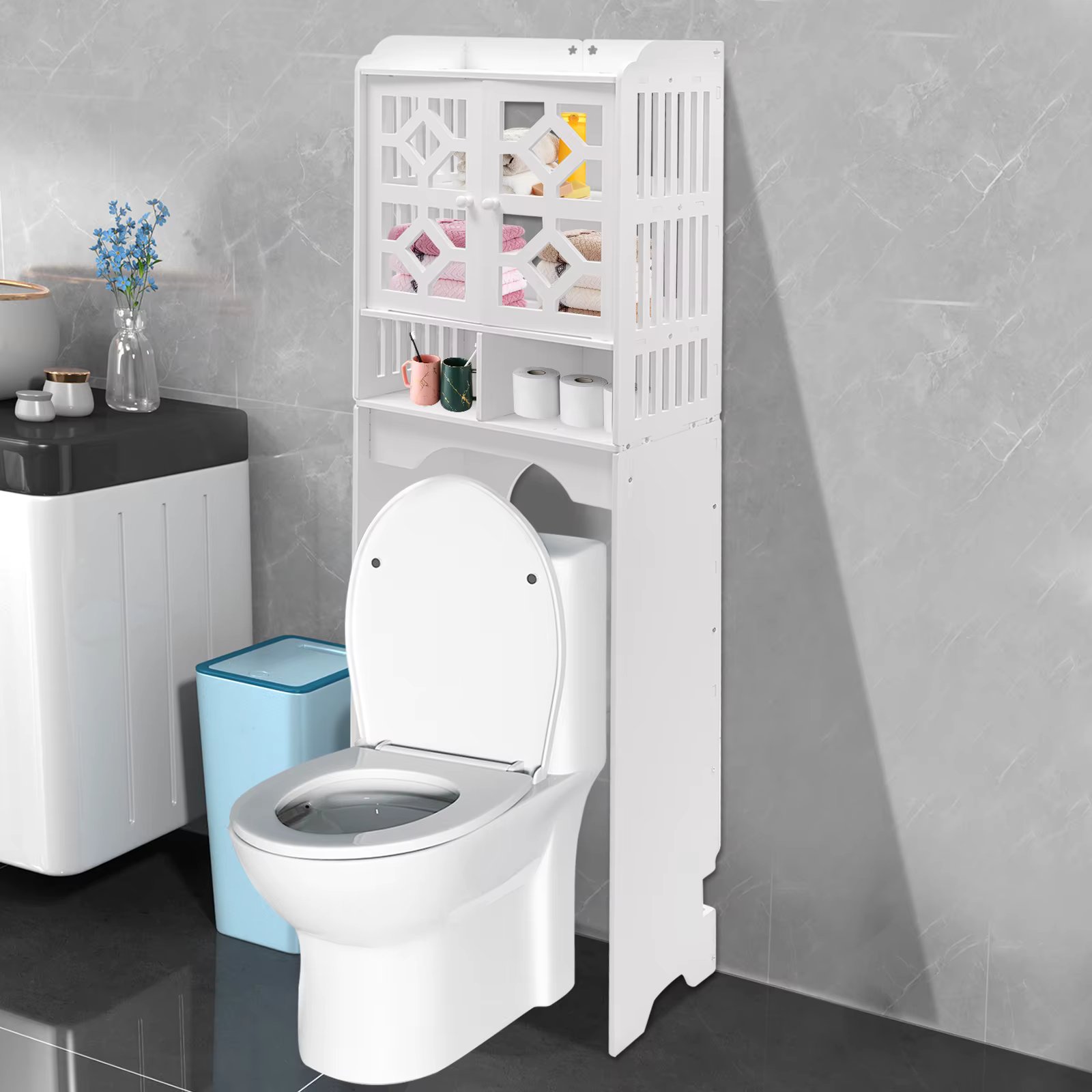 4 Tier Bathroom Organizer Waterproof Over The Toilet Storage Cabinet Raised Leg Smooth Edge Large Capacity/Easy to Install