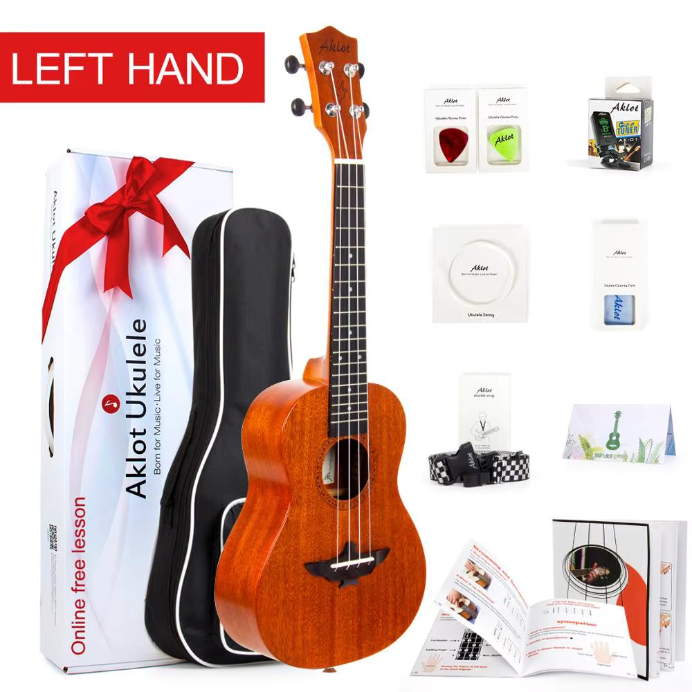 AKLOT Left Hand Ukulele Concert 23 Inch Solid Mahogany 12 fret 1:18 Copper Tuner w/ Case Strings Tuner Accessories for Beginner