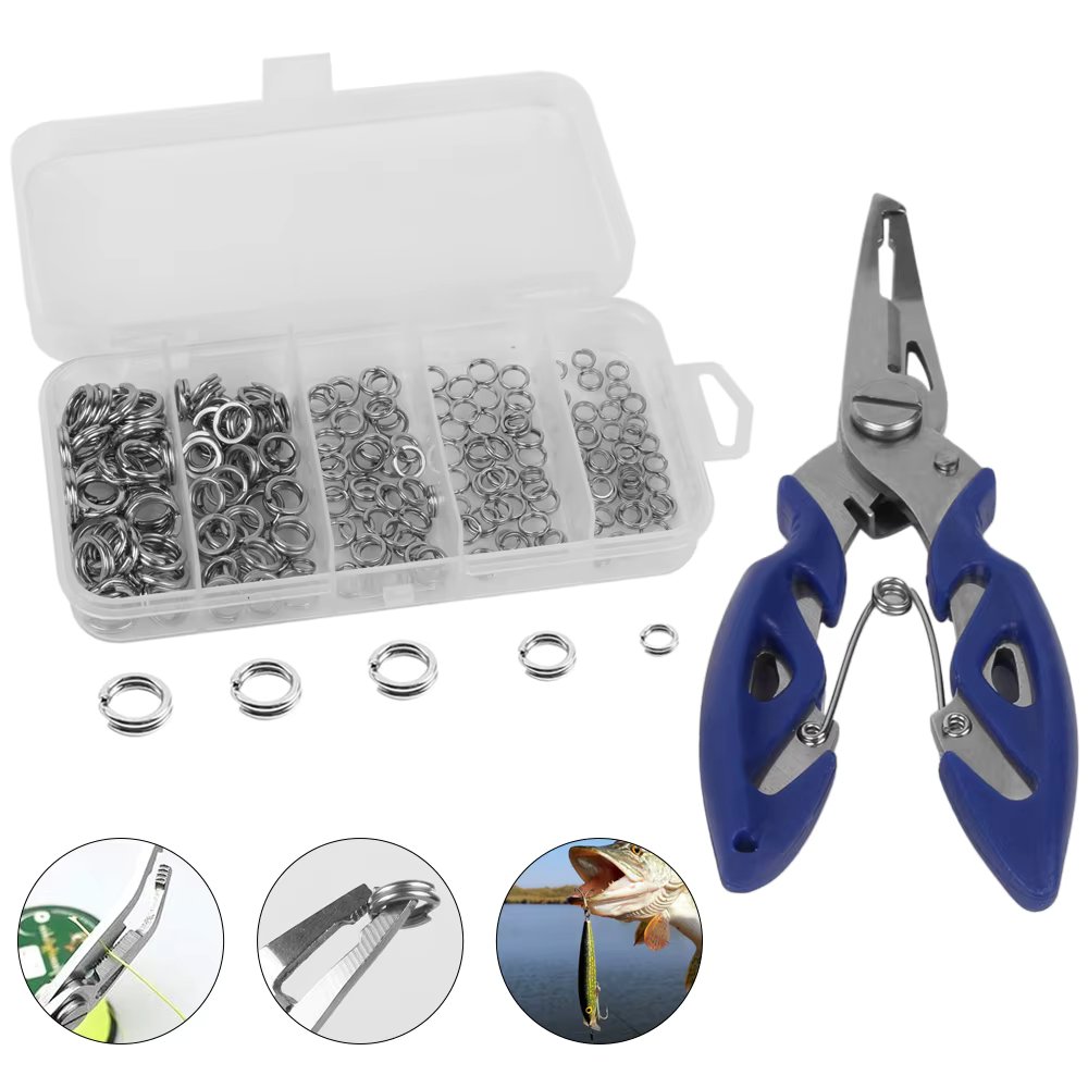 200pcs Assorted 5 Size Split Rings Stainless Steel Fishing Lures Tackle Connectors with Fishing Pliers