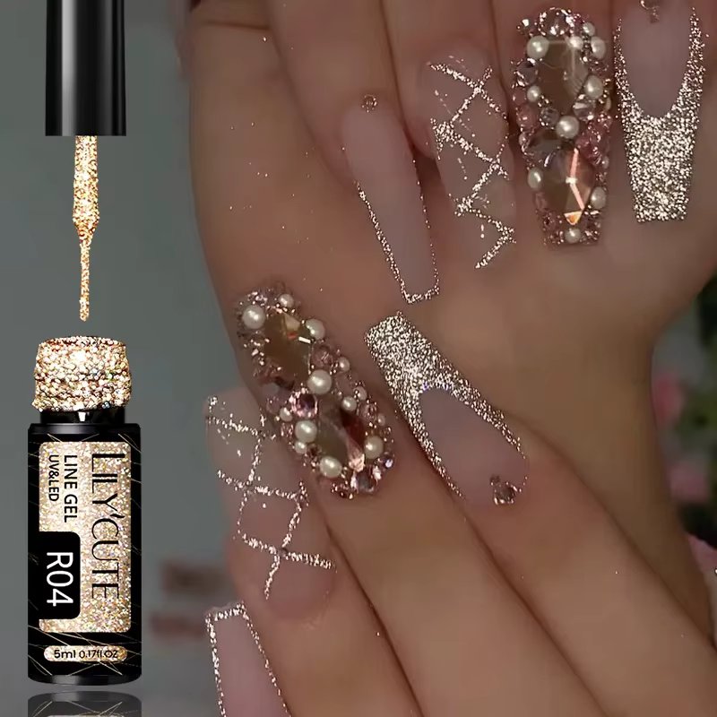 LILYCUTE 5ML Bright Sparkling Champagne Gold Liner Gel Nail Polish French Style Reflective Glitter Pull Line Graffiti Stripe Gel