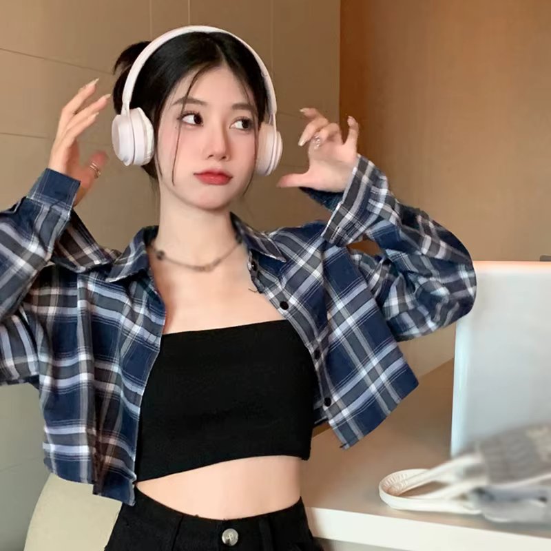 Women Casual Plaid Turn-down Collar Shirts Fall/Spring Girly Long Sleeve Loose Fit Versatile Cropped Blouse Ladies Leisure Top