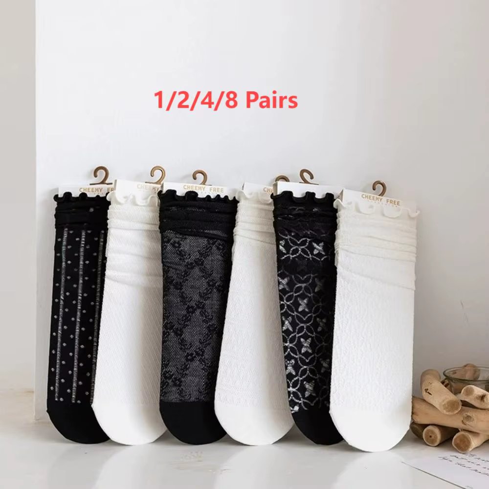 1/2/4/8 Pairs Spring and summer fashionable women's socks, long black and white lace Harajuku ruffle casual sweet floral socks