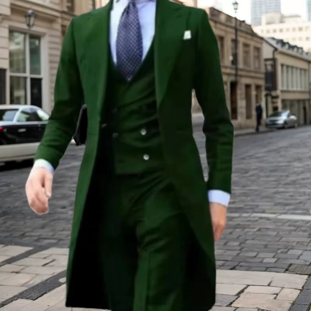 Elegant Men's Suit Slim Fit Suit 3 Pieces Blazer Vest Pants Set Formal Tuxedos for Wedding Stage Costume Party Long Tail Coat