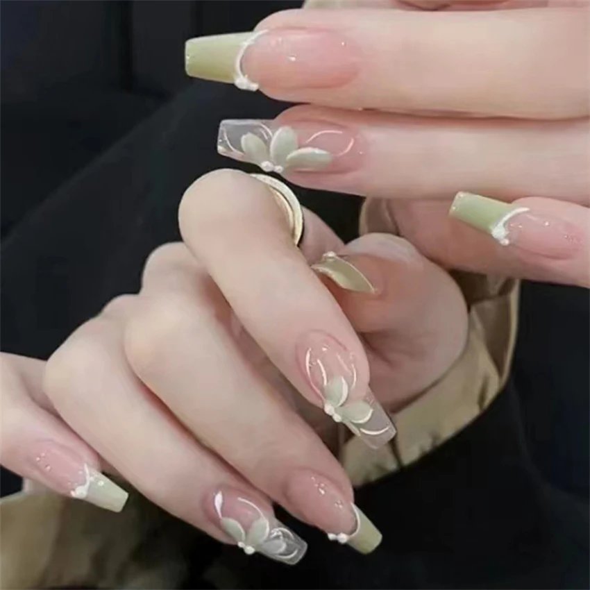 24pcs Leopard Chain Long Ballet False Nails Art Artificial Acrylic 3D Bow Press On Nail Tips Full Coverage Waterproof Fake Nails