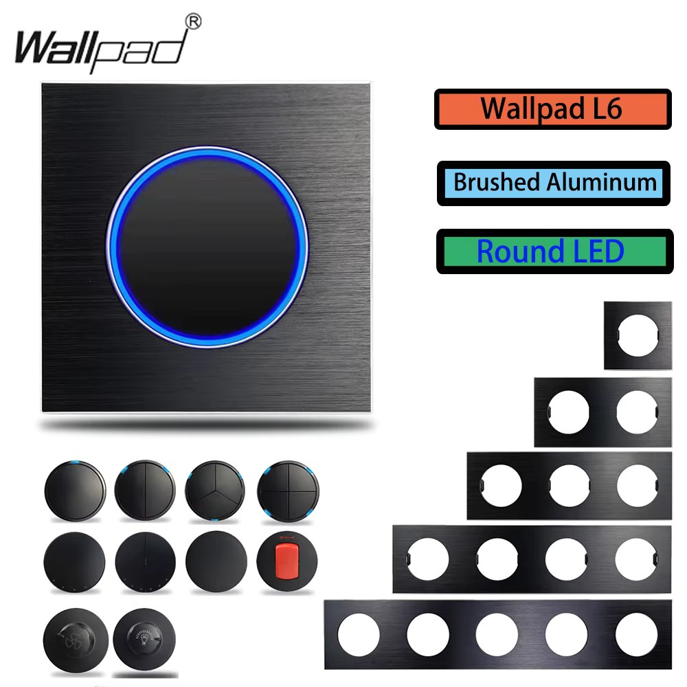 Wall Switch, 1-4 Gang Pass Through Stair Switch, Round Circle Button, LED Indicator,Black Aluminum Frame, Wallpad L6