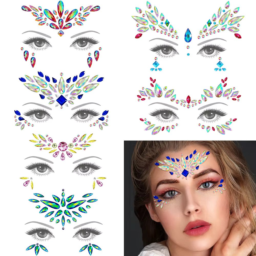 6Pcs Mermaid Face Jewels Gems Rhinestones Rave Eyes Body Temporary Sticker Crystal Face Stickers Decorations for Festival Party