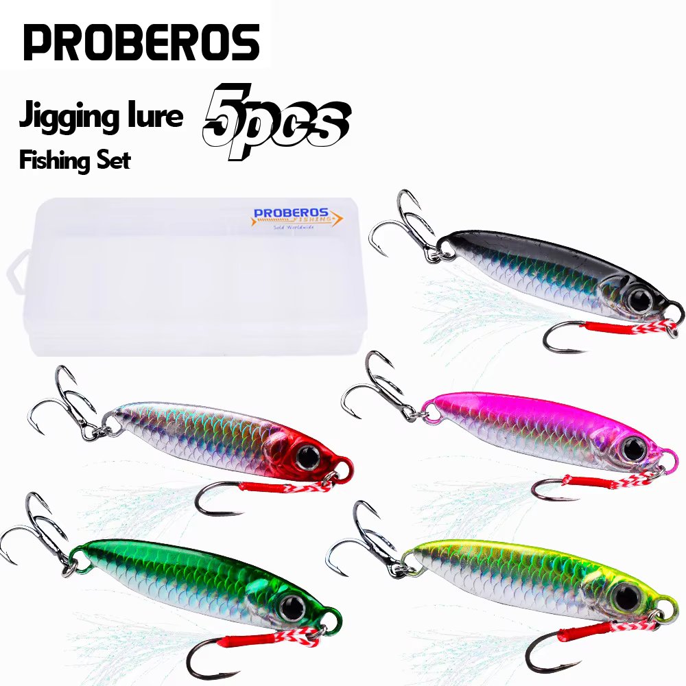 PROBEROS 5Pcs/lot Long Shot Luya Iron Plate Bionic Bait Set 7g/10g/15g/20g/25g/30g With Double Hooks Outdoor Fishing Wholesale